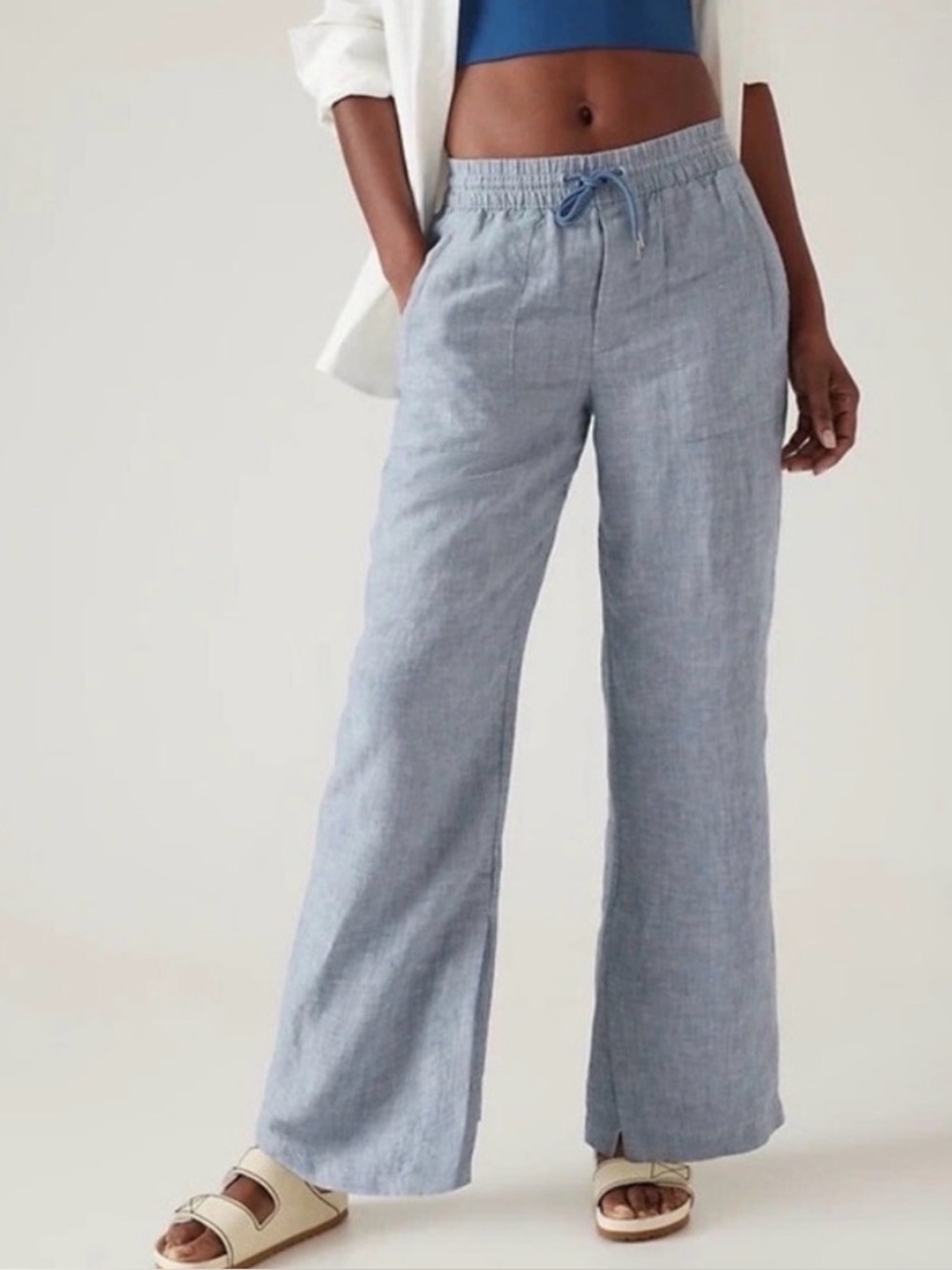 ATHLETA NWT Retreat Linen Wide Leg Pant in Chambray Blue Sz 10 TALL